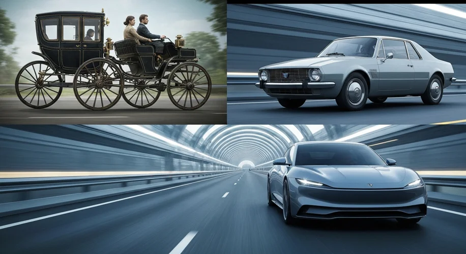 A collage showing the evolution of electric vehicles: a vintage electric carriage from the early 190