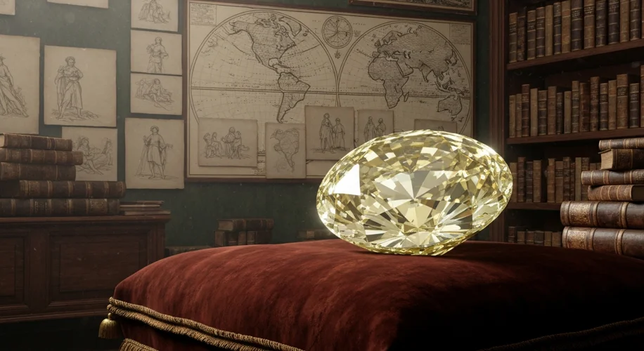 A magnificent, large, pale yellow diamond, cut in a triple-rose or multifaceted style, resting on a 