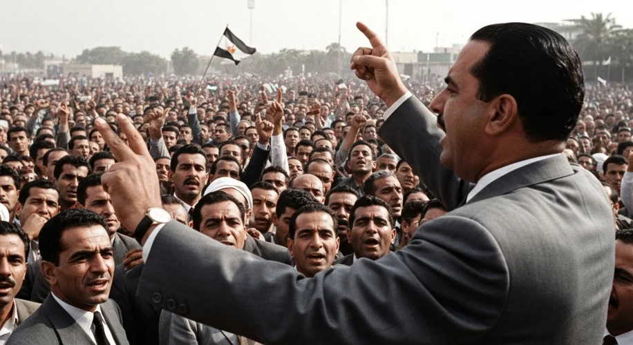 Gamal Abdel Nasser addressing a cheering crowd in Egypt, July 1956.