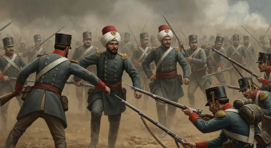 A scene from the Crimean War showing Ottoman soldiers in European-style uniforms fighting alongside 