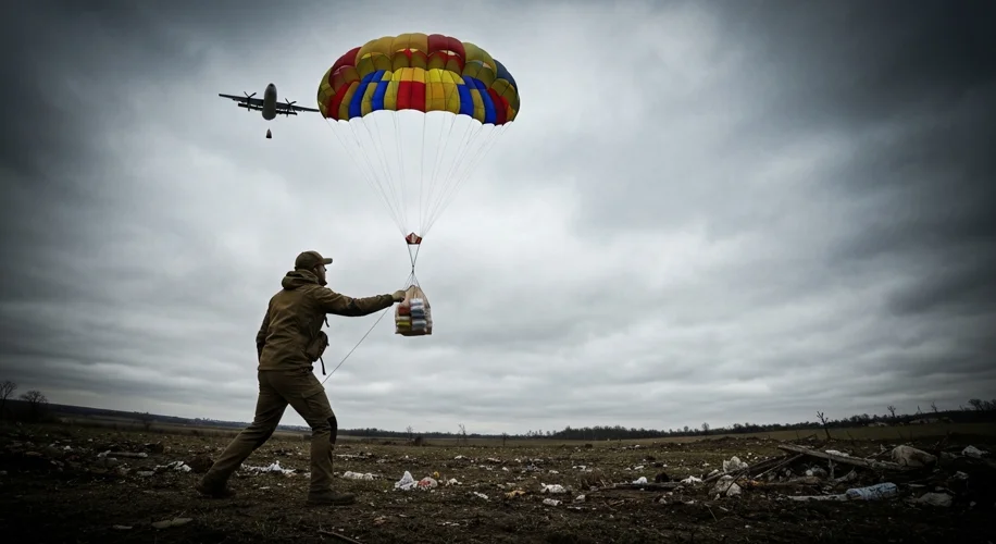 A modern humanitarian aid worker guiding a parachute laden with food supplies being dropped from a t