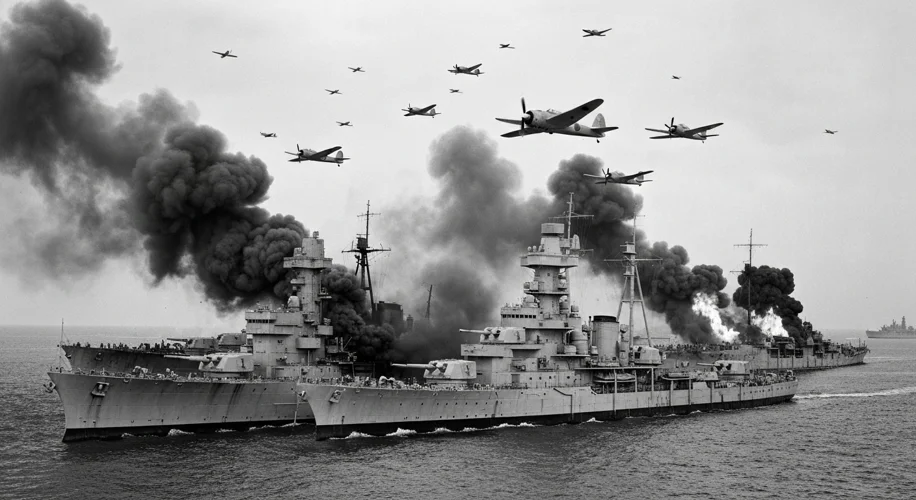 A black and white photo depicting the attack on Pearl Harbor, with smoke billowing from damaged ship