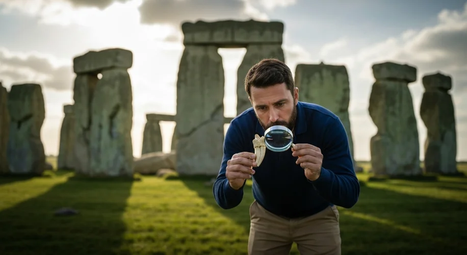 An archaeologist carefully examining a small, ancient cow tooth under a magnifying glass, with a blu