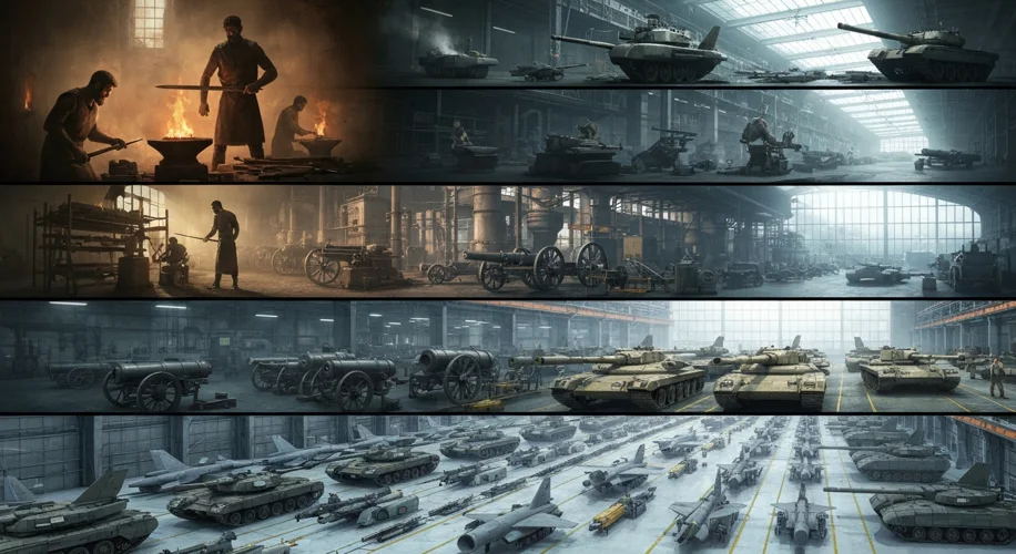 A montage showing the evolution of arms manufacturing, from ancient blacksmiths forging swords to a
