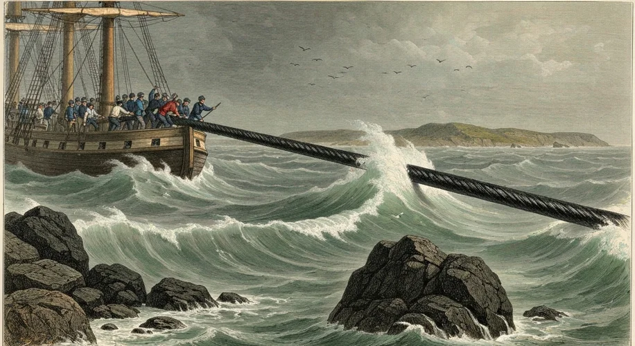 A vintage engraving depicting engineers and workers struggling to lay a thick, tar-coated cable from