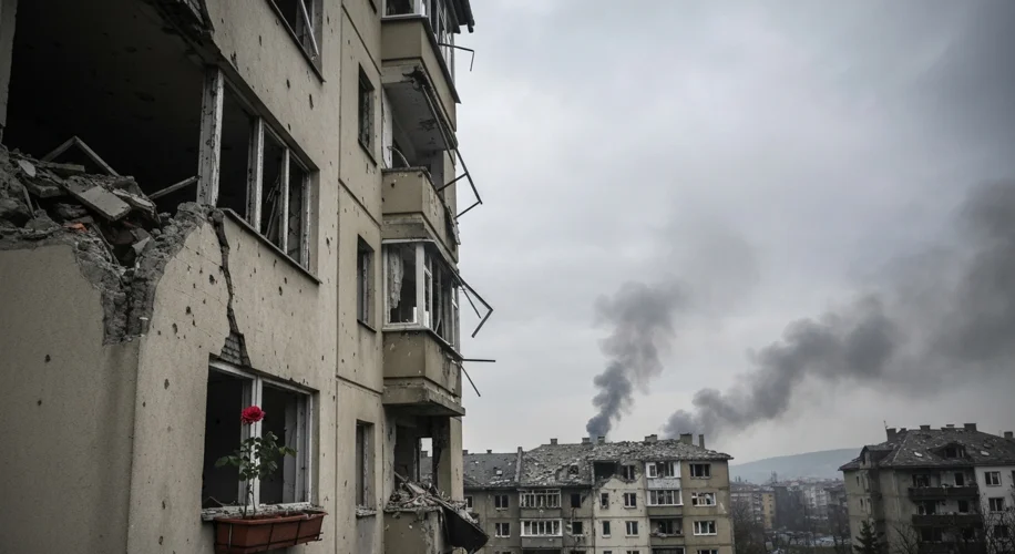 A poignant image of Sarajevo during the Bosnian War, showcasing a shelled apartment building with a 