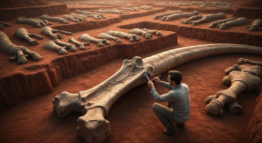 A paleontologist carefully brushes dirt away from a massive fossilized dinosaur femur, revealing sig