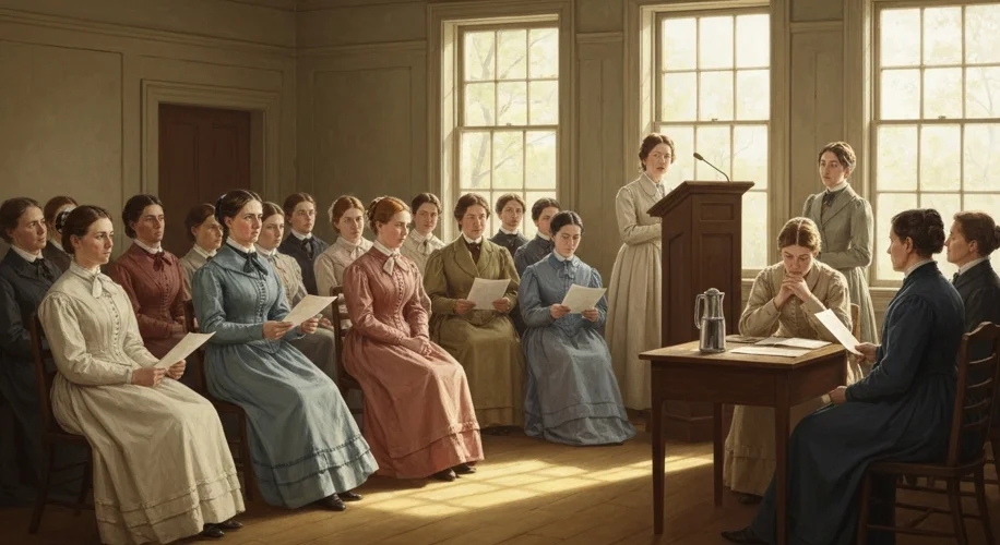 A diverse group of 19th-century American women, dressed in period attire, gathered in a modest meeti