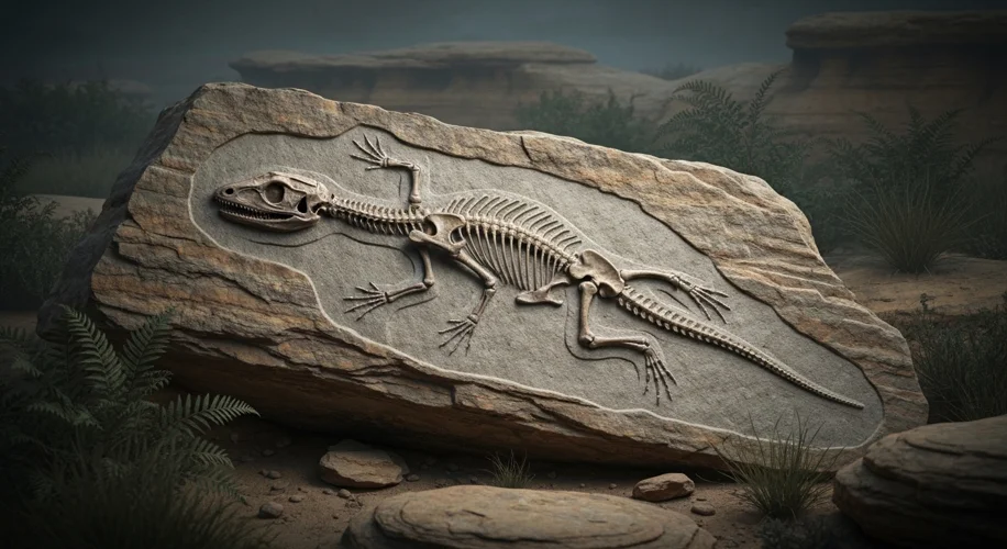 A fossilized skeleton of a small, lizard-like reptile with elongated limbs and a slender body, embed