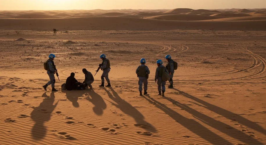 Swedish blue helmet peacekeepers in a Middle Eastern desert landscape, helping local civilians. The 