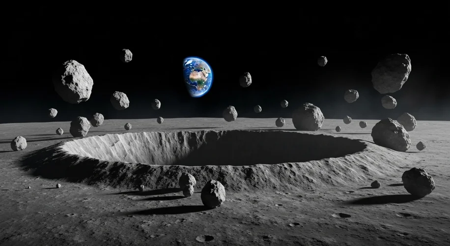 An artist's depiction of a fresh, sharp-edged crater on the Moon's surface, with newly ejected bould