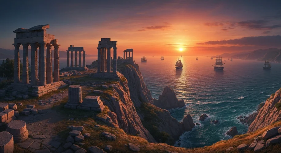 A panoramic view of ancient Greek ruins on a cliff overlooking the Black Sea, with ships in the dist