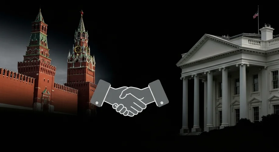 A stark image of the Kremlin in Moscow contrasted with the White House in Washington D.C., with a br