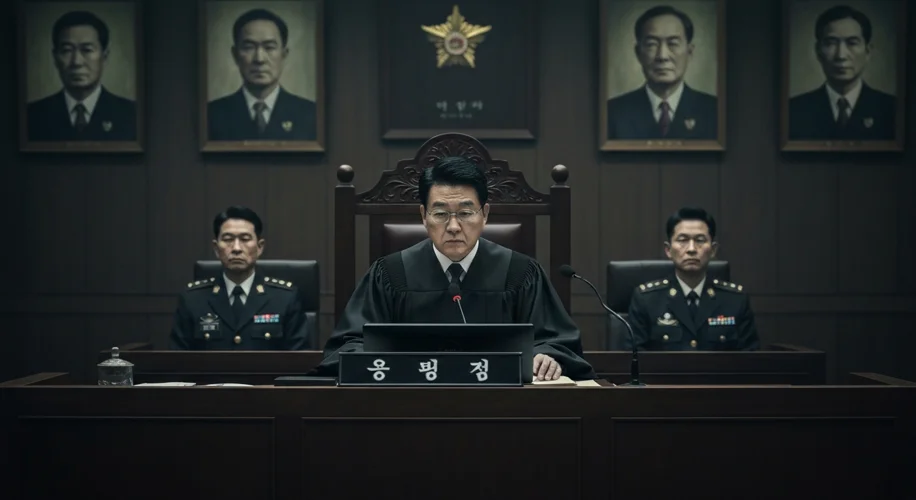 A somber, dimly lit courtroom in South Korea, with a stern judge presiding over the trial of former 