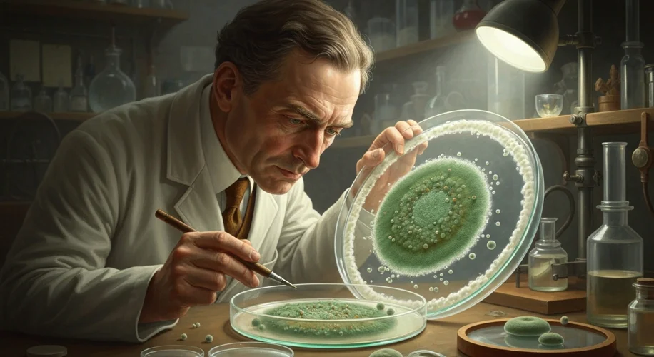Alexander Fleming in his cluttered London laboratory, examining a petri dish with a clear halo aroun