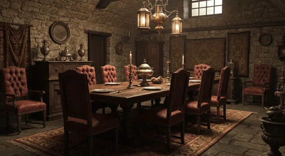 A dimly lit Sicilian interior with a large wooden table, chairs, and ornate decorations, suggesting 
