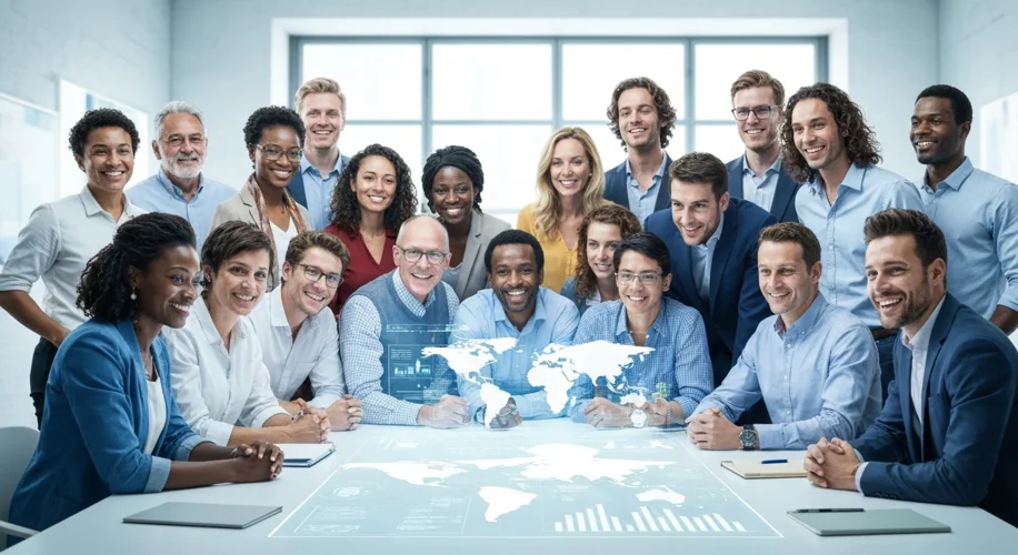 A diverse group of global health workers, including people of various ethnicities and ages, are gath