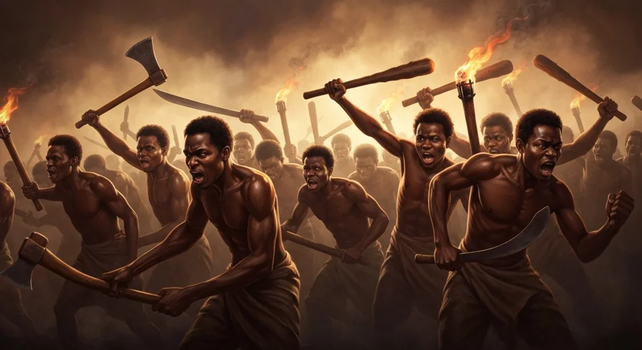 A dramatic depiction of enslaved Africans in Saint-Domingue rising up, holding makeshift weapons and