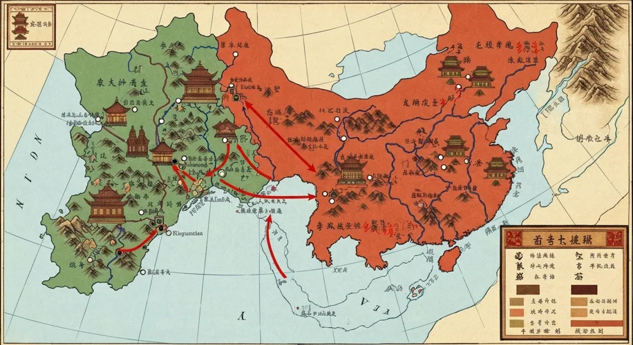 An ancient Chinese map showing the different Warring States and the gradual expansion of the Qin emp