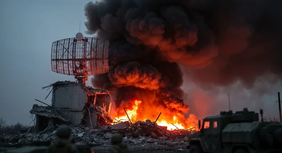 A dramatic, low-angle shot of a destroyed Russian radar station, with smoke billowing into the sky. 