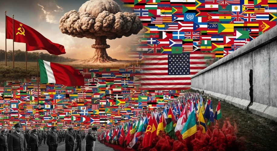 A montage of iconic Cold War imagery: a mushroom cloud, the Berlin Wall, Soviet and American flags f