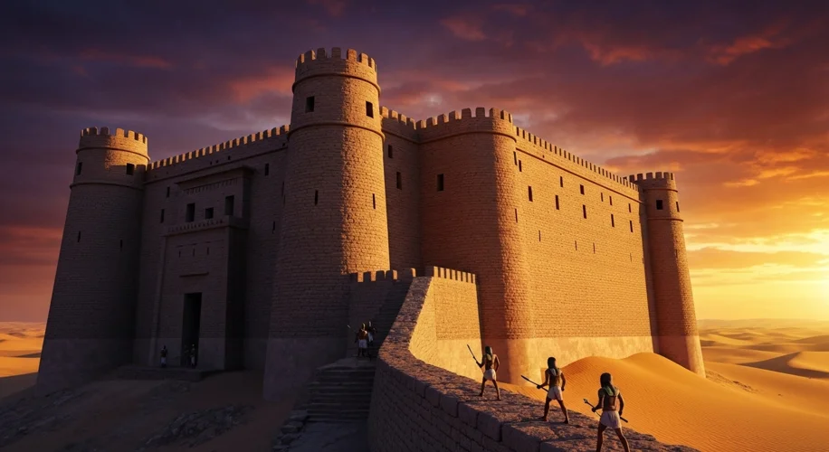An ancient Egyptian fortress on the edge of the desert, with thick mudbrick walls, crenellations, an
