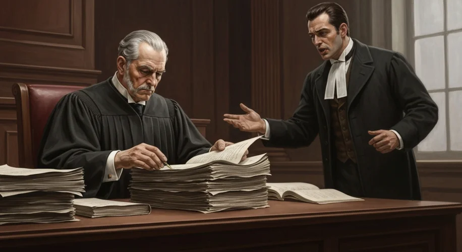A 19th-century courtroom scene where a judge is shown examining a stack of papers and listening inte