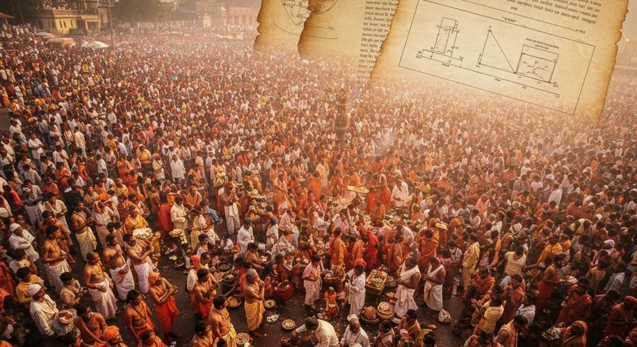 A vibrant scene of the Kumbh Mela, showcasing diverse ascetics, devotees, and rituals, with a subtle