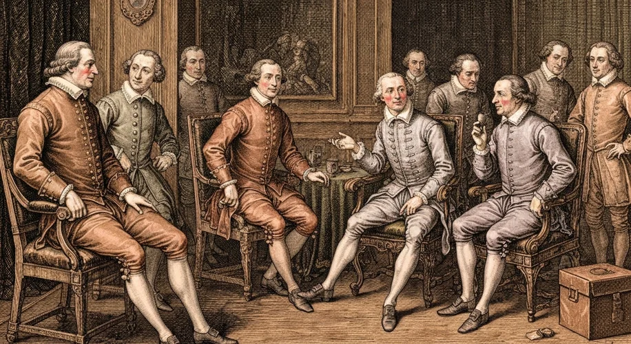 A woodcut illustration from the Renaissance showing gentlemen in elaborate clothing interacting in a