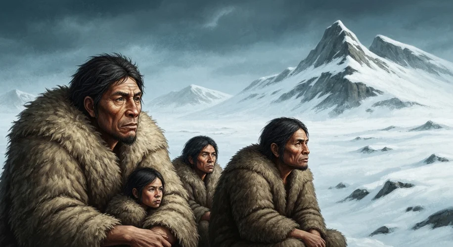 A dramatic illustration depicting a family of Neanderthals huddled together for warmth against a bac