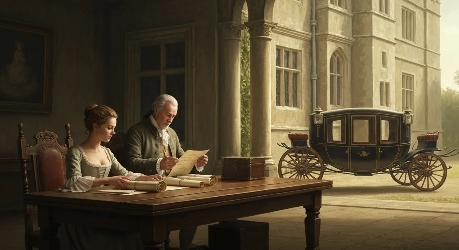 A 18th-century English manor house with a young woman and her father discussing papers, with a carri