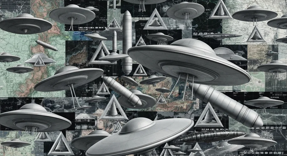 A collage of different UAP shapes reported throughout history - saucers, triangles, cigar-shaped obj