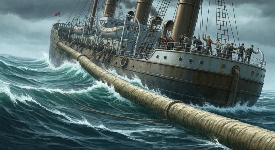Illustration of a 19th-century steamship laying a thick, insulated cable across a stormy Atlantic Oc