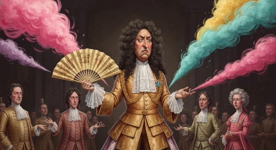 A caricature of Louis XIV of France, looking disgusted and fanning himself dramatically as courtiers