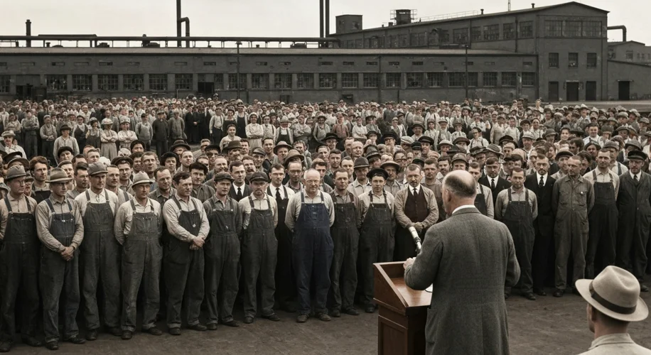 A vintage photograph of Henry Ford addressing a crowd of workers, some in overalls, with a large fac