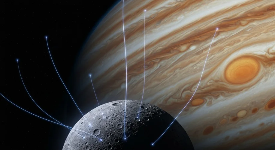 A digital illustration showing Jupiter with its prominent bands and the Great Red Spot. Faint, glowi