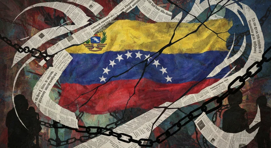 A stylized depiction of the Venezuelan flag intertwined with a newspaper headline about internationa