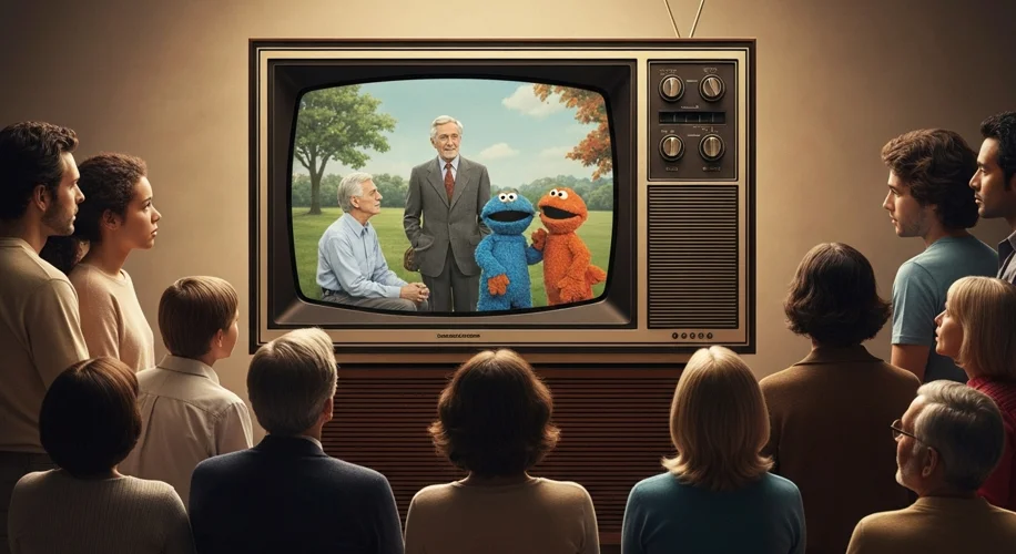 A vintage television set displaying classic PBS shows like Mister Rogers' Neighborhood and Sesame St