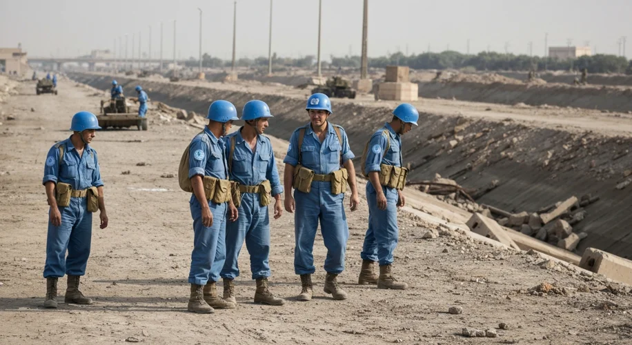 United Nations peacekeeping soldiers patrolling the Suez Canal area after the 1956 crisis, symbolizi