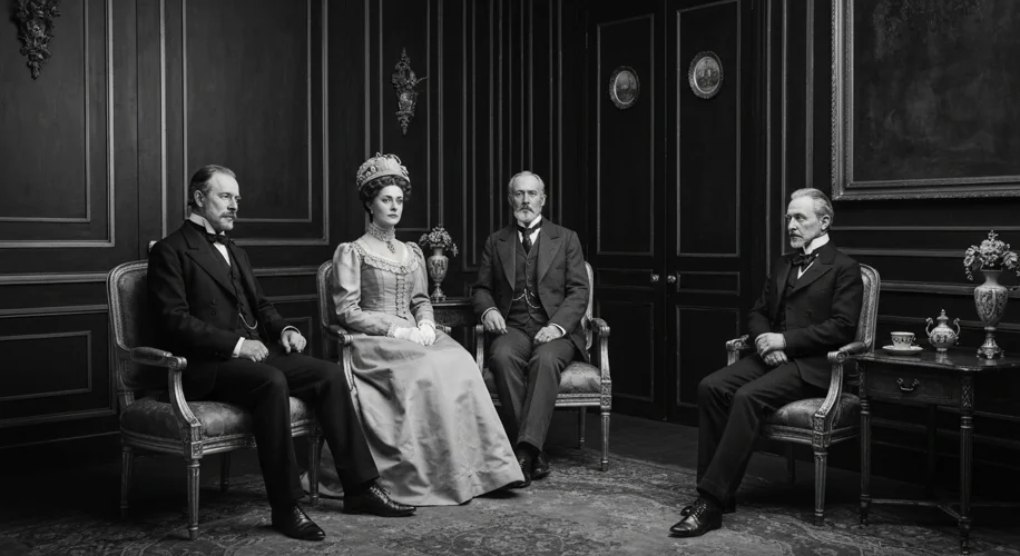 A black and white photograph from the Victorian era, depicting a formal drawing-room scene with peop
