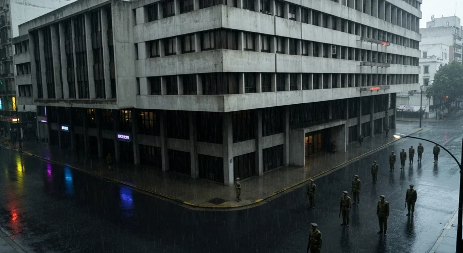 A dimly lit, imposing military building in Buenos Aires, Argentina, circa 1970s, with stern-faced so