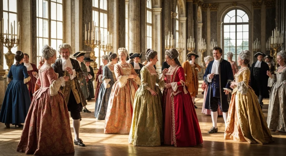 Courtiers in elaborate 17th-century French fashion mingling in the Hall of Mirrors at Versailles, wi