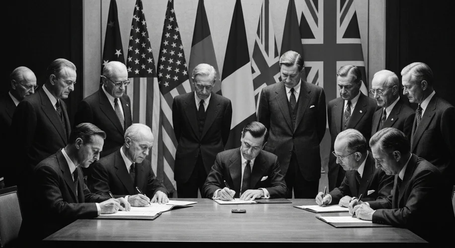 A black and white photograph of a stern-faced group of men in suits signing a document, with flags o