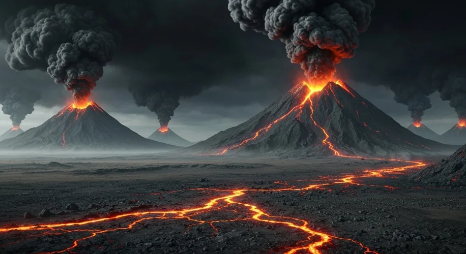 A vast, fiery landscape dominated by massive, smoking volcanoes under a dark, ash-filled sky. Rivers