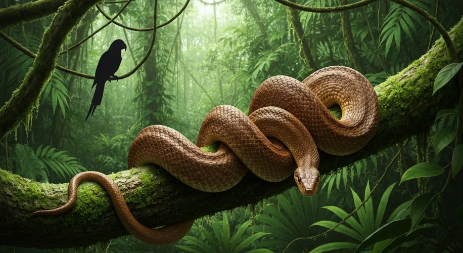 A detailed illustration of a brown tree snake coiled around a branch in a dense jungle, with the sil