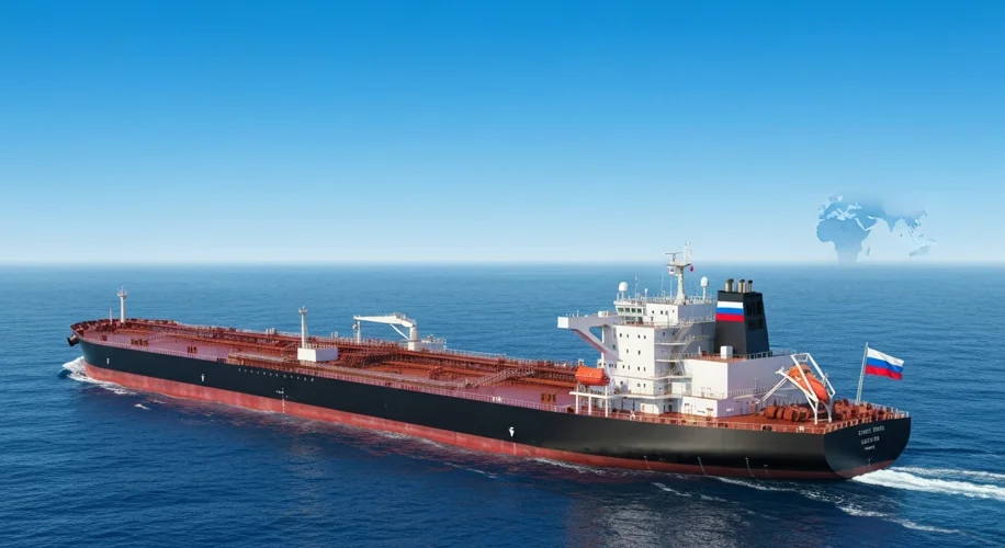 A large, modern oil tanker sailing across a calm, deep blue ocean under a clear sky. The tanker has