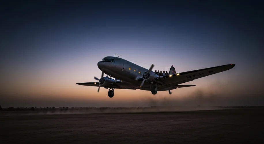 A C-47 military transport plane taking off from a dusty airfield in Iraq, carrying Jewish emigrants.