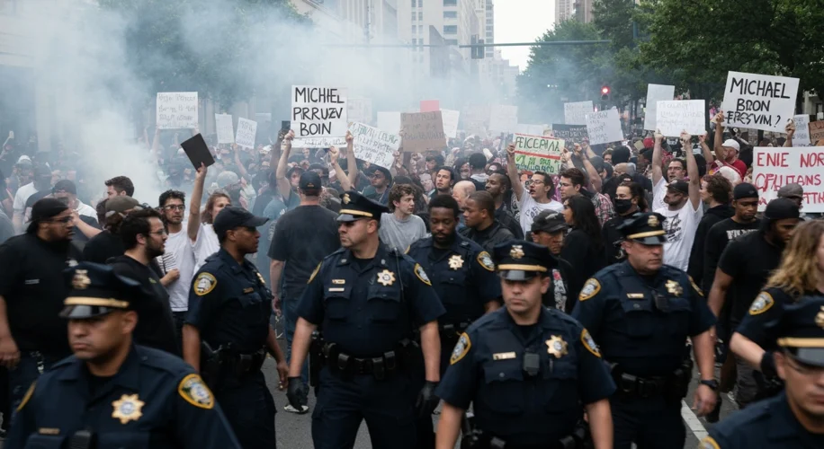 A depiction of the Michael Brown protest in Ferguson, Missouri, showing a crowd holding signs and co