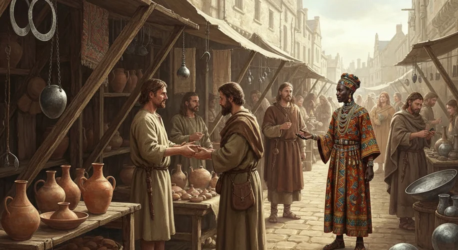 A vibrant 7th-century Anglo-Saxon marketplace with stalls selling pottery, textiles, and metalwork. 