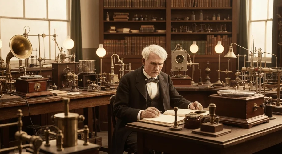 Thomas Edison in his laboratory, demonstrating his phonograph to a group of eager onlookers, with th